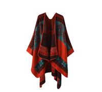 LIUYUYOUGO Womens Printed Poncho Cape Oversized Shawl Wrap Soft Faux Cashmere Knitted Cape Aztec Pattern Open Front Cardigan Scarf Coat Vintage Winter Warm Sweater Outerwear Red