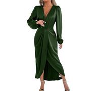LIUYUYOUGO Women's Satin Midi Dress Formal Elegant Ruched Wrap V-Neck Long Sleeve Dresses Sexy Silk Split Wedding Guest Gowns for Business Evening Cocktail Party Outfit Dark Green XL