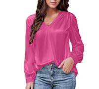 LIUYUYOUGO Women's Satin V Neck Blouse Pleated Long Sleeve Tops Dressy Casual Satin Silk Shirts Loose Fit Pullover Tunic Tops Office Work Outfits T-Shirt for Going Out Pink M