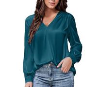 LIUYUYOUGO Women's Satin V Neck Blouse Pleated Long Sleeve Tops Dressy Casual Satin Silk Shirts Loose Fit Pullover Tunic Tops Office Work Outfits T-Shirt for Going Out Teal L