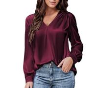 LIUYUYOUGO Women's Satin V Neck Blouse Pleated Long Sleeve Tops Dressy Casual Satin Silk Shirts Loose Fit Pullover Tunic Tops Office Work Outfits T-Shirt for Going Out Burgundy Red M