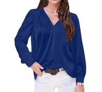 LIUYUYOUGO Women's Satin V Neck Blouse Pleated Long Sleeve Tops Dressy Casual Satin Silk Shirts Loose Fit Pullover Tunic Tops Office Work Outfits T-Shirt for Going Out Navy Blue S