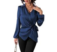LIUYUYOUGO Women's Satin Wrap Tie Front Blouses Long Sleeve Collar V Neck Asymmetrical Shirt Elegant Ruched Satin Silk Tunic Tops Formal Office Work Evening Party Wear Navy Blue XL
