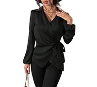 LIUYUYOUGO Women's Satin Wrap Tie Front Blouses Long Sleeve Collar V Neck Asymmetrical Shirt Elegant Ruched Satin Silk Tunic Tops Formal Office Work Evening Party Wear Black XL