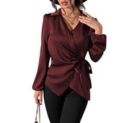 LIUYUYOUGO Women's Satin Wrap Tie Front Blouses Long Sleeve Collar V Neck Asymmetrical Shirt Elegant Ruched Satin Silk Tunic Tops Formal Office Work Evening Party Wear Burgundy Red XL