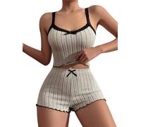 LIUYUYOUGO Women'S Short Pyjamas Cami Sets Sexy Lace Trim Camisole And Shorts Sleepwear Faux Rib 2 Piece Pyjamas Shorts Set Ladies Lingerie Summer Pjs Set Soft Loungewear Beige S