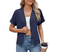 LIUYUYOUGO Womens Short Sleeve Summer Cardigan Waffle Knit Cropped Shrugs Cardigan V-Neck Buttons Tops Casual Loose Lightweight Jacket Knitwear Blouse Open Fron Outwear Navy Blue Xs