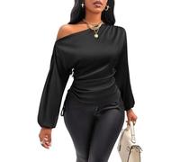 LIUYUYOUGO Women's Silk Satin Shirt Blouse Long Sleeve Off The Shoulder Tops Ruched Asymmetrical Tunic Top Fashion Slim Fit Drawstring Tee-Shirt Dressy Evening Shirts Outfits Black L