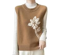 LIUYUYOUGO Women's Sleeveless Jumpers Crew Neck Flower Jacquard Sweater Vest Women Stylish Loose Knitted Waistcoats Short Knitted Top Autumn Winter Knit Tank Top Gilets Brown L