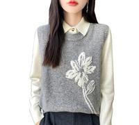 LIUYUYOUGO Women's Sleeveless Jumpers Crew Neck Flower Jacquard Sweater Vest Women Stylish Loose Knitted Waistcoats Short Knitted Top Autumn Winter Knit Tank Top Gilets Grey L