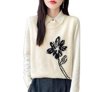 LIUYUYOUGO Women's Sleeveless Jumpers Crew Neck Flower Jacquard Sweater Vest Women Stylish Loose Knitted Waistcoats Short Knitted Top Autumn Winter Knit Tank Top Gilets Beige M