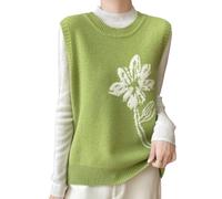 LIUYUYOUGO Women's Sleeveless Jumpers Crew Neck Flower Jacquard Sweater Vest Women Stylish Loose Knitted Waistcoats Short Knitted Top Autumn Winter Knit Tank Top Gilets Green M