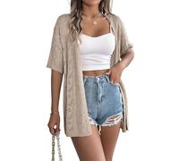 LIUYUYOUGO Womens Summer Longline Cardigan Short Sleeve Crochet Knitted Shrug Sun Protection, Breathable, Soft Cable Knit Outerwear Loose Kimono Cover Up For Beach Vacation Khaki L