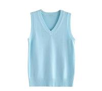 LIUYUYOUGO Women's Sweater Vest Classic V Neck Uniform Kint Vests Solid Pullover Knitwear Tops Sleeveless Jumpers Knit Tank Top Casual Loose Knitted Cotton Sweater Vest Light Blue L
