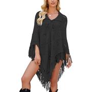 LIUYUYOUGO Women'S Tassel Poncho Boho Hippie Hollow Out Crochet Fringed Knitted Shawls And Wraps Capes Vintage Ethnic Style Lapel Pullover Poncho Sweater For Autumn Winter Black Xl