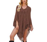 LIUYUYOUGO Women'S Tassel Poncho Boho Hippie Hollow Out Crochet Fringed Knitted Shawls And Wraps Capes Vintage Ethnic Style Lapel Pullover Poncho Sweater For Autumn Winter Coffee M