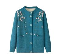 LIUYUYOUGO Womens Winter Cardigans Fleece Lined Middle-Aged and Elderly Knitted Cardigan Sweaters Elegant Floral Vine Embroidery Sweater Coat Thick Warm Sherpa Knit Jacket Blue M