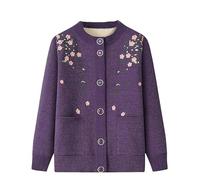 LIUYUYOUGO Womens Winter Cardigans Fleece Lined Middle-Aged and Elderly Knitted Cardigan Sweaters Elegant Floral Vine Embroidery Sweater Coat Thick Warm Sherpa Knit Jacket Purple M