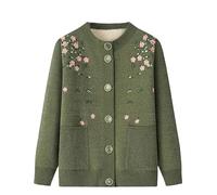 LIUYUYOUGO Womens Winter Cardigans Fleece Lined Middle-Aged and Elderly Knitted Cardigan Sweaters Elegant Floral Vine Embroidery Sweater Coat Thick Warm Sherpa Knit Jacket Army Green M