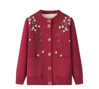 LIUYUYOUGO Womens Winter Cardigans Fleece Lined Middle-Aged and Elderly Knitted Cardigan Sweaters Elegant Floral Vine Embroidery Sweater Coat Thick Warm Sherpa Knit Jacket Burgundy Red M