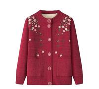 LIUYUYOUGO Womens Winter Cardigans Fleece Lined Middle-Aged and Elderly Knitted Cardigan Sweaters Elegant Floral Vine Embroidery Sweater Coat Thick Warm Sherpa Knit Jacket Burgundy Red Xs
