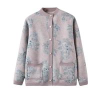 LIUYUYOUGO Womens Winter Cardigans Fleece Lined Middle-Aged and Elderly Knitted Cardigan Sweaters Vintage Leaves Print Sweater Coat Soft Thick Warm Sherpa Knit Jacket Blue L