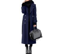 LIUYUYOUGO Women'S Wool Coat Long Winter Jacket Double Breasted Lapel Duster Trench Coat Elegant Slim Full Length Maxi Long Overcoat Peacoat Belted Warm Windproof Outwear Navy Blue M