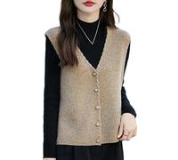 LIUYUYOUGO Wool Knitted Waistcoat Women V Neck Sleeveless Jumpers Ladies Cable Knit Vest V Neck Wool Tank Top Elegant Chunky Cardigan Buttons Front Sweaters Vest Gilets Khaki L