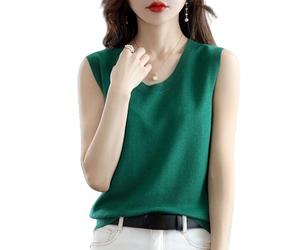 LIUYUYOUGO Wool Tank Tops for Women Summer Lightweight Soft Cashmere Knit Vest Elegant Scoop Neck Sleeveless Jumpers T Shirts Loose Fit Knitted Sweater Waistcoats Blouses