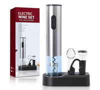 Liuzouwin5-in-1 ElectricWine Bottle Opener Set Battery Operated Reusable Corkscrew with Storage Base, Foil Cutter, Wine Pour& Wine Stopper (Silver)