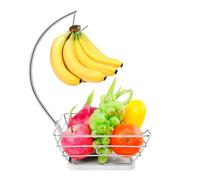 Livabber Countertop Fruit Basket Bowl with Banana Hanger, Modern Standing Fruit Vegetable Bowl Storage, with Banana Tree Holder for Kitchen Dinning Table (Square Marble, Chrome)
