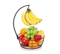 Livabber Countertop Fruit Basket Bowl with Banana Hanger, Modern Standing Fruit Vegetable Bowl Storage, with Banana Tree Holder for Kitchen Dinning Table (Round Marble, Black)