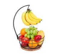 Livabber Countertop Fruit Basket Bowl with Banana Hanger, Modern Standing Fruit Vegetable Bowl Storage, with Banana Tree Holder for Kitchen Dinning Table (Round Wood, Black)