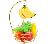Livabber Countertop Fruit Basket Bowl with Banana Hanger, Modern Standing Fruit Vegetable Bowl Storage, with Banana Tree Holder for Kitchen Dinning Table (Round Metal, Gold)