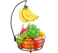 Livabber Countertop Fruit Basket Bowl with Banana Hanger, Modern Standing Fruit Vegetable Bowl Storage, with Banana Tree Holder for Kitchen Dinning Table (Round Metal, Black)