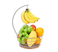 Livabber Countertop Fruit Basket Bowl with Banana Hanger, Modern Standing Fruit Vegetable Bowl Storage, with Banana Tree Holder for Kitchen Dinning Table (Round Wood, Chrome)