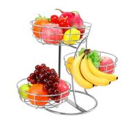 Livabber Fruit Basket Bowl with Banana Hanger, Fruit Vegetable Storage Basket with Banana Tree Holder for Kitchen Counter, Detachable Organizer for Bread Snack Produce (Chrome, 3-Tier Metal Base)