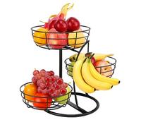 Livabber Fruit Basket Bowl with Banana Hanger, Fruit Vegetable Storage Basket with Banana Tree Holder for Kitchen Counter, Detachable Organizer for Bread Snack Produce (Black, 3-Tier Metal Base)
