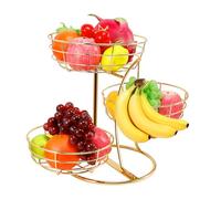 Livabber Fruit Basket Bowl with Banana Hanger, Fruit Vegetable Storage Basket with Banana Tree Holder for Kitchen Counter, Detachable Organizer for Bread Snack Produce (Gold, 3-Tier Metal Base)