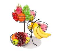 Livabber Fruit Basket Bowl with Banana Hanger, Metal Fruit Vegetable Storage Basket with Banana Holder for Kitchen Counter, Detachable Organizer for Bread Snack Produce (Black, 3-Tier Marble Base)