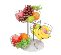 Livabber Fruit Basket Bowl with Banana Hanger, Metal Fruit Vegetable Storage Basket with Banana Holder for Kitchen Counter, Detachable Organizer for Bread Snack Produce (Chrome, 3-Tier Marble Base)