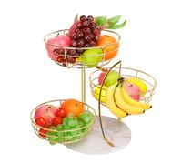 Livabber Fruit Basket Bowl with Banana Hanger, Metal Fruit Vegetable Storage Basket with Banana Holder for Kitchen Counter, Detachable Organizer for Bread Snack Produce (Gold, 3-Tier Marble Base)