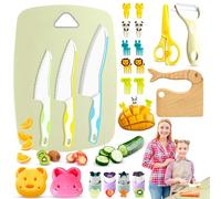 LIVABEE 23 PCS Safe Kids Kitchen Knife Set - Incs Push-Button Fruit Cutter, Wooden/Plastic Serrated Knife. Kids Friendly Anti-Slip Cutting Board. Perfect Multi-Coloured Kitchen Set for Kids