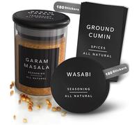 Livabl - 360 - Black 5x5cm Minimalist Spice Jar Labels - Pre Printed - Waterproof & Oil-Resistant Stickers for Herbs - Self-Adhesive Vinyl Spice Labels for Kitchen Organisation