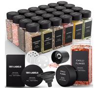 Livabl Bamboo Spice Jars with lids (120ml 24 pack) & Labels Glass Storage Jars with Bamboo Lids, 360 Minimalist Waterproof Spice Jar Labels- Airtight Kitchen Containers (Black)