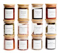 Livabl Glass Spice Jars with Lids and Labels - 12 Bamboo Lid Spice Containers - 200ml Airtight Jars with 360 White UK Designed Waterproof Pre-Printed Labels - Complete Herb, Seasoning & Spices Storage