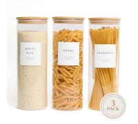 Livabl Set of 3 Large Glass Storage Jars with Lids Airtight (2.2L) - Kitchen Containers for Spaghetti, Pasta, Oats, Cereal & Rice Containers - Minimalist UK-Designed Labels