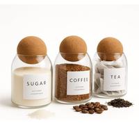 Livabl Tea Coffee and Sugar Canisters Set, 3 x 500ml Cork Lid Glass Jars | Unique Cork Ball Lids, Airtight Glass Canisters, Minimalist Kitchen Worktop Storage Organiser, UK Designed
