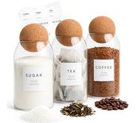 Livabl Tea Coffee and Sugar Canisters Set, 3 x 750ml Cork Lid Glass Jars | Unique Cork Ball Lids, Airtight Glass Canisters, Minimalist Kitchen Worktop Storage Organiser, UK Designed