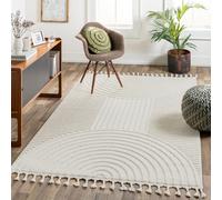 Livabliss Nora-Geometric Grey Ivory High Pile Fringe Living Dining Bedroom Rug 140 X 200 Cm Easy Care, Non Shedding